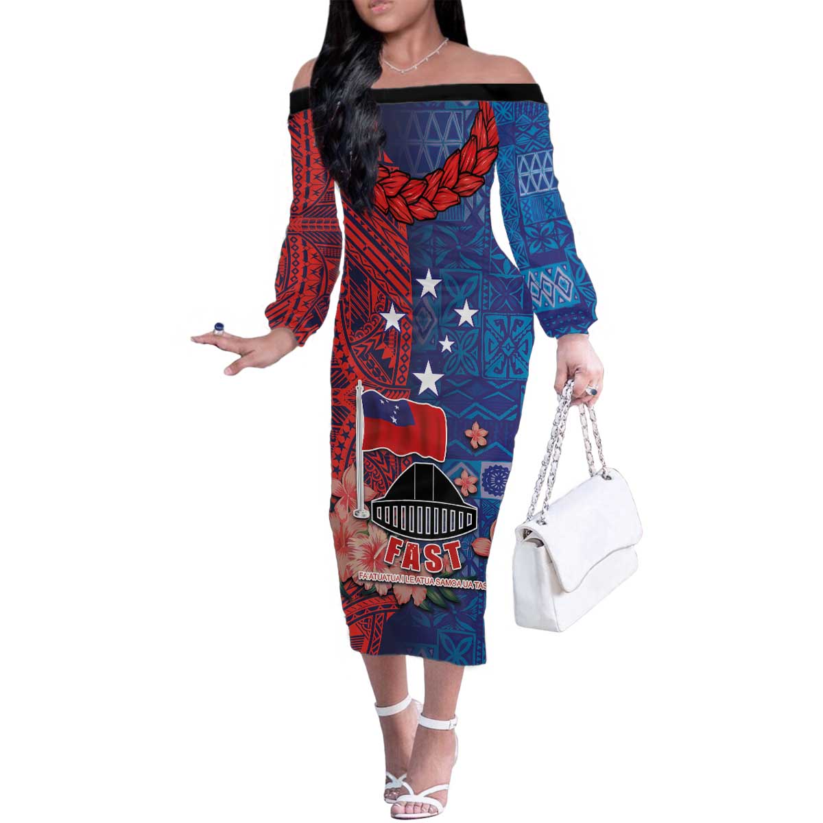 CHOGM FAST Samoa 2024 Family Matching Off The Shoulder Long Sleeve Dress and Hawaiian Shirt Samoan Tapa Tribal and Ornament Pattern with Hibiscus LT03 Mom's Dress Blue - Polynesian Pride