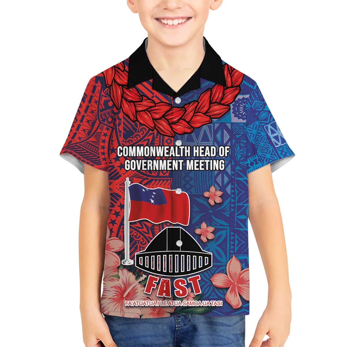 CHOGM FAST Samoa 2024 Family Matching Off The Shoulder Long Sleeve Dress and Hawaiian Shirt Samoan Tapa Tribal and Ornament Pattern with Hibiscus LT03 Son's Shirt Blue - Polynesian Pride