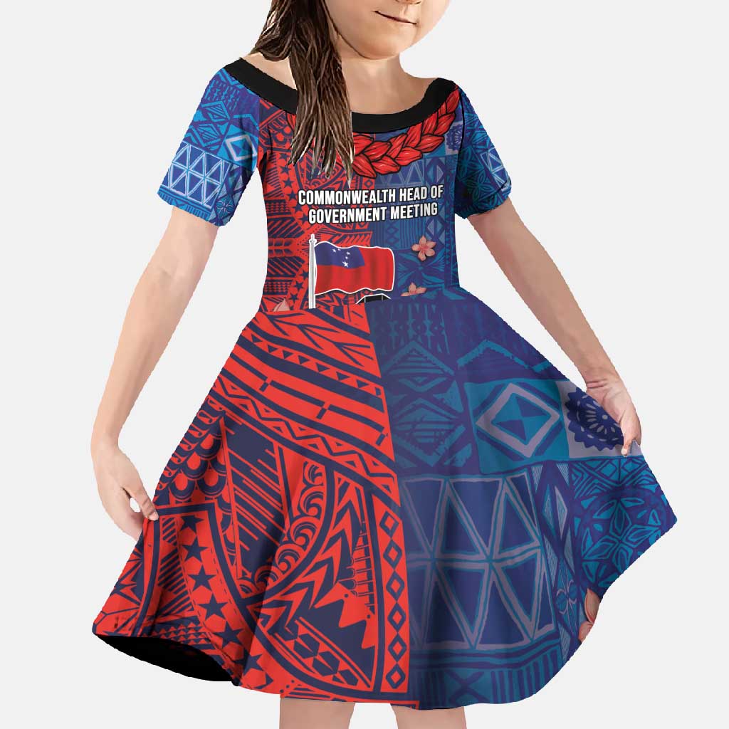 CHOGM FAST Samoa 2024 Family Matching Off Shoulder Maxi Dress and Hawaiian Shirt Samoan Tapa Tribal and Ornament Pattern with Hibiscus LT03 Daughter's Dress Blue - Polynesian Pride