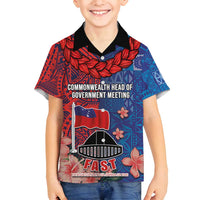 CHOGM FAST Samoa 2024 Family Matching Off Shoulder Maxi Dress and Hawaiian Shirt Samoan Tapa Tribal and Ornament Pattern with Hibiscus LT03 Son's Shirt Blue - Polynesian Pride