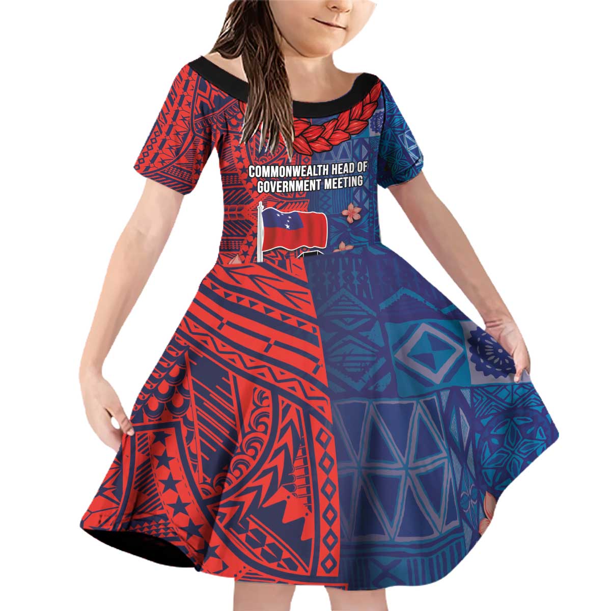 CHOGM FAST Samoa 2024 Family Matching Off Shoulder Short Dress and Hawaiian Shirt Samoan Tapa Tribal and Ornament Pattern with Hibiscus LT03 Daughter's Dress Blue - Polynesian Pride