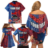 CHOGM FAST Samoa 2024 Family Matching Off Shoulder Short Dress and Hawaiian Shirt Samoan Tapa Tribal and Ornament Pattern with Hibiscus LT03 - Polynesian Pride