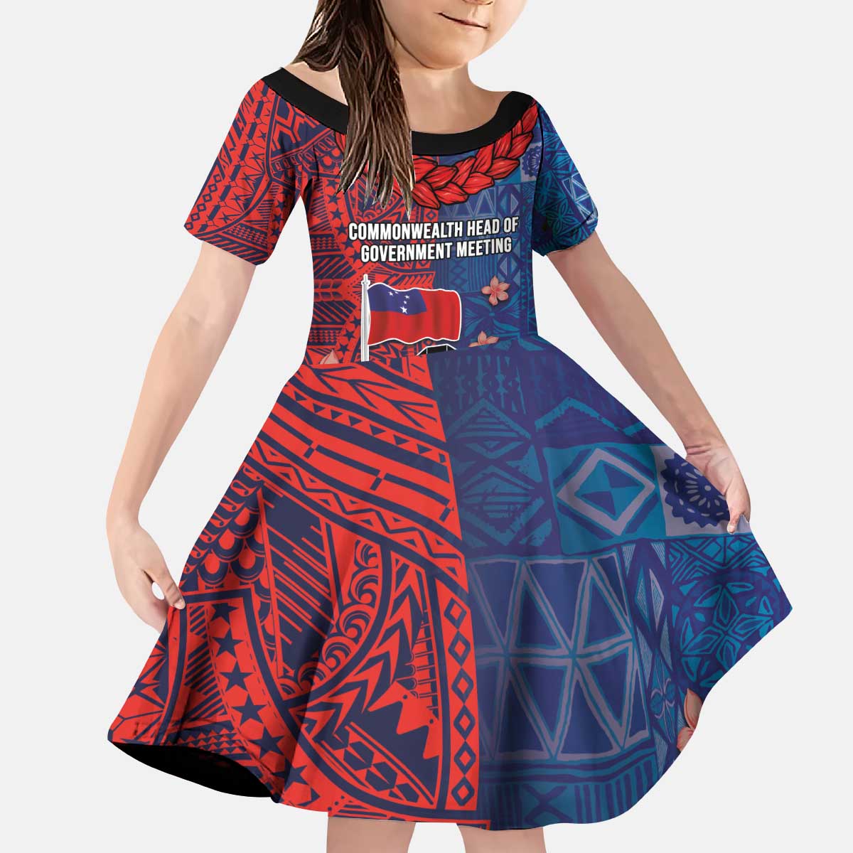 CHOGM FAST Samoa 2024 Family Matching Puletasi and Hawaiian Shirt Samoan Tapa Tribal and Ornament Pattern with Hibiscus LT03 Daughter's Dress Blue - Polynesian Pride