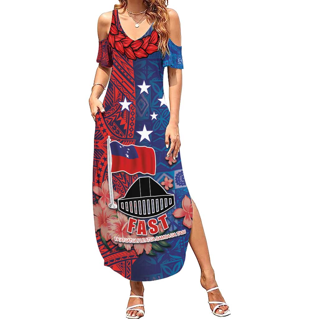 CHOGM FAST Samoa 2024 Family Matching Summer Maxi Dress and Hawaiian Shirt Samoan Tapa Tribal and Ornament Pattern with Hibiscus LT03 Mom's Dress Blue - Polynesian Pride