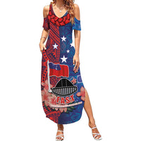 CHOGM FAST Samoa 2024 Family Matching Summer Maxi Dress and Hawaiian Shirt Samoan Tapa Tribal and Ornament Pattern with Hibiscus LT03 Mom's Dress Blue - Polynesian Pride