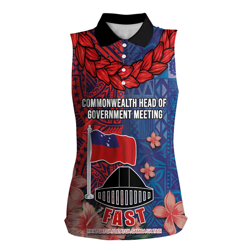 CHOGM FAST Samoa 2024 Women Sleeveless Polo Shirt Samoan Tapa Tribal and Ornament Pattern with Hibiscus LT03 Female Blue - Polynesian Pride