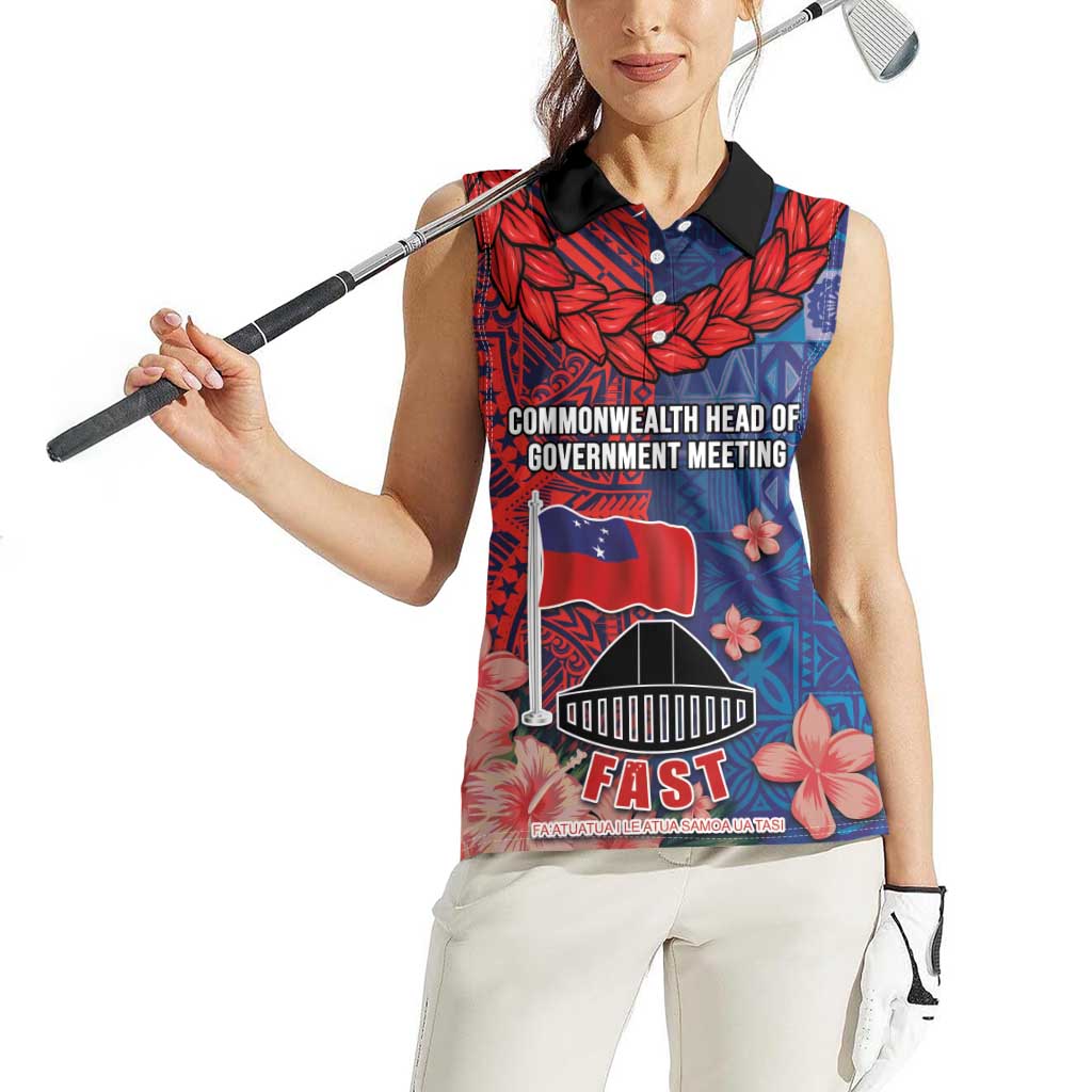 CHOGM FAST Samoa 2024 Women Sleeveless Polo Shirt Samoan Tapa Tribal and Ornament Pattern with Hibiscus LT03 - Polynesian Pride