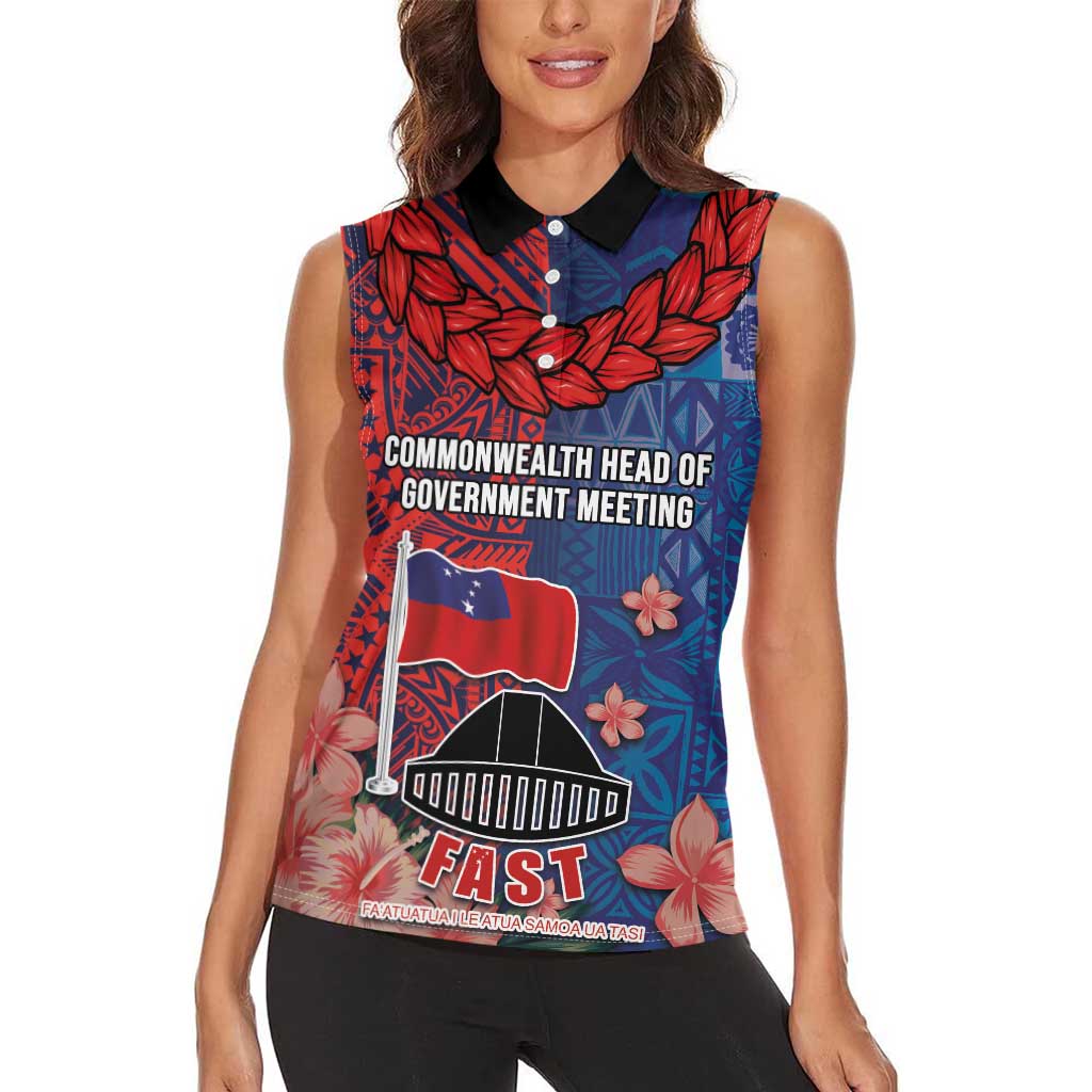 CHOGM FAST Samoa 2024 Women Sleeveless Polo Shirt Samoan Tapa Tribal and Ornament Pattern with Hibiscus LT03 - Polynesian Pride