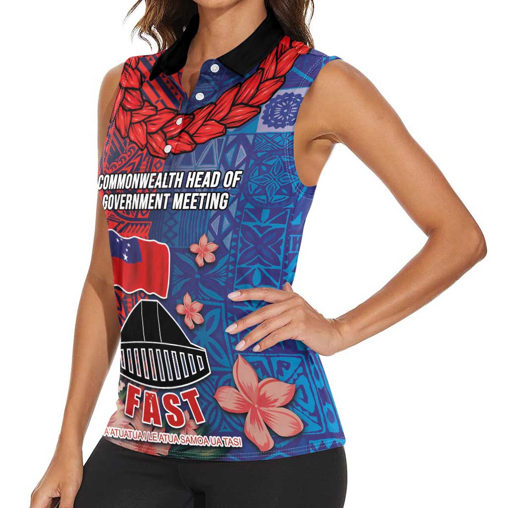 CHOGM FAST Samoa 2024 Women Sleeveless Polo Shirt Samoan Tapa Tribal and Ornament Pattern with Hibiscus LT03 - Polynesian Pride