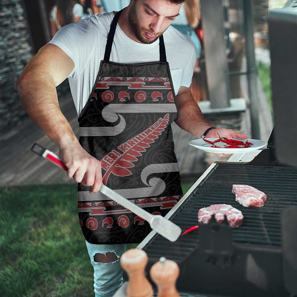 New Zealand Christmas Apron Meri Kirihimete Silver Fern Knit Style Red Color LT03 - Polynesian Pride