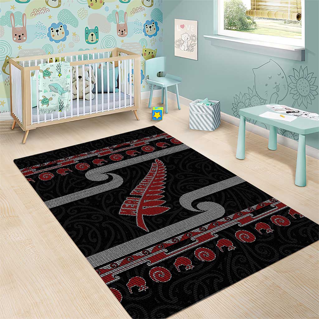 New Zealand Christmas Area Rug Meri Kirihimete Silver Fern Knit Style Red Color - Polynesian Pride