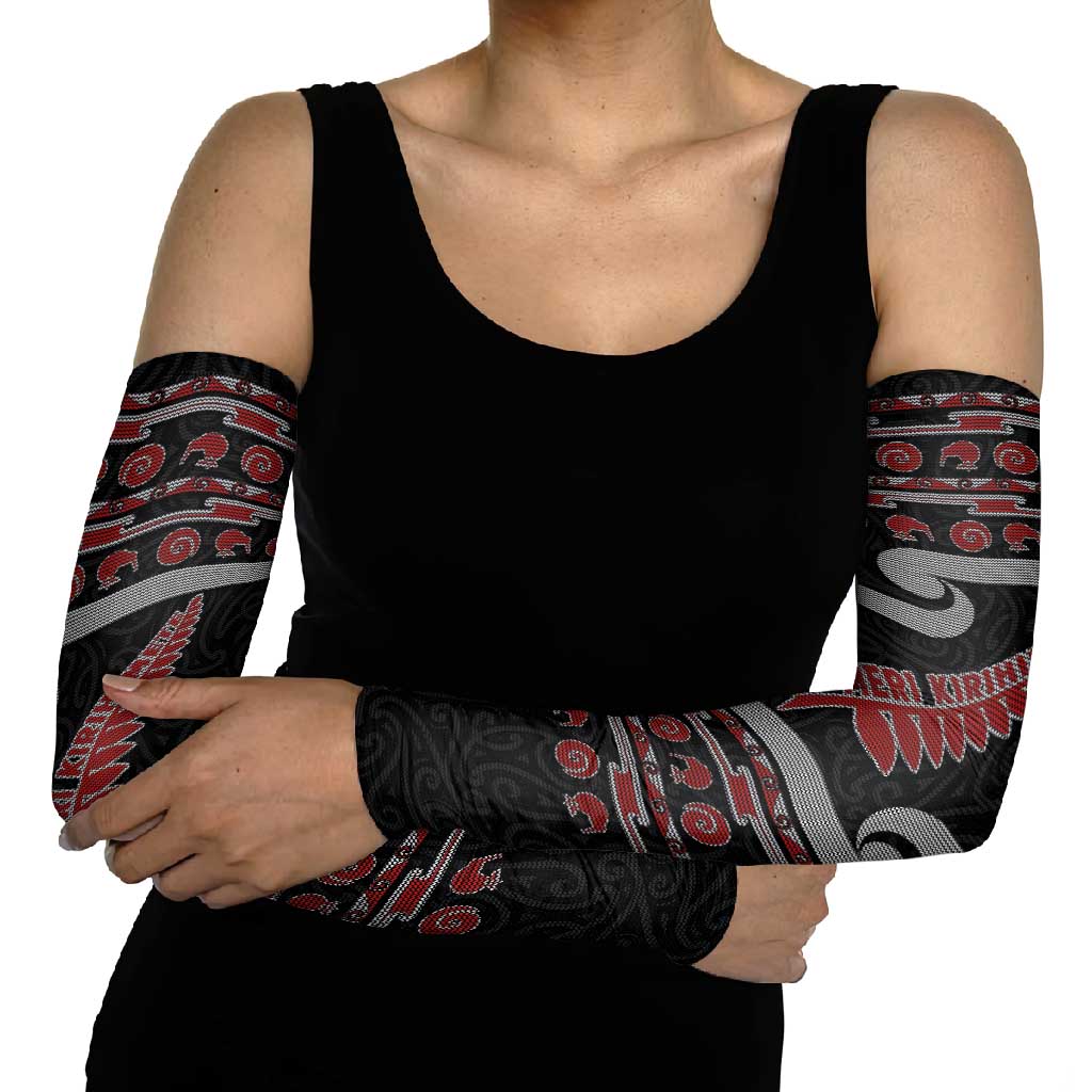 New Zealand Christmas Arm Sleeves Meri Kirihimete Silver Fern Knit Style Red Color LT03 - Polynesian Pride