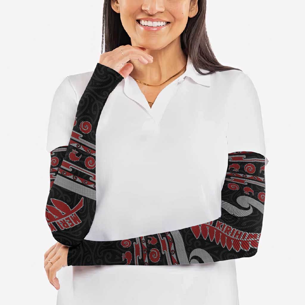 New Zealand Christmas Arm Sleeves Meri Kirihimete Silver Fern Knit Style Red Color LT03 - Polynesian Pride