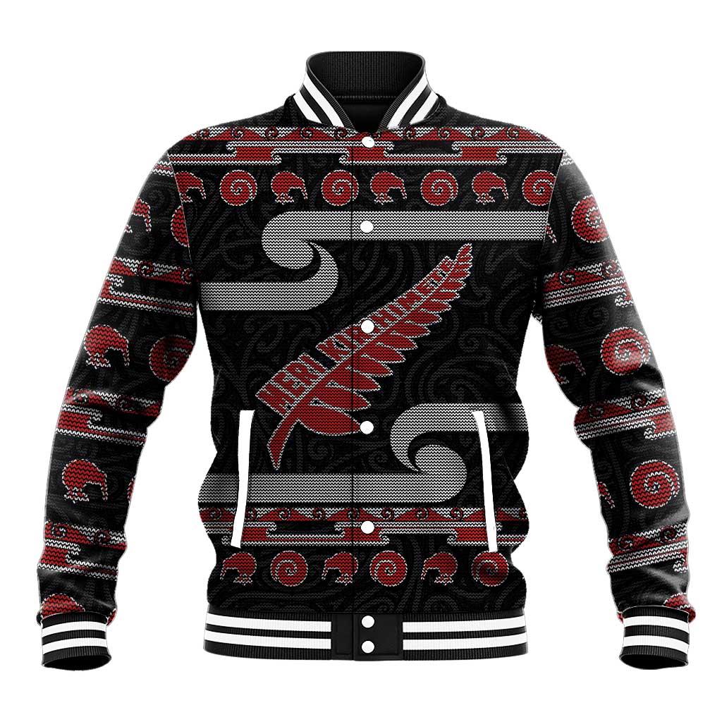 New Zealand Christmas Baseball Jacket Meri Kirihimete Silver Fern Knit Style Red Color LT03 Unisex Red - Polynesian Pride