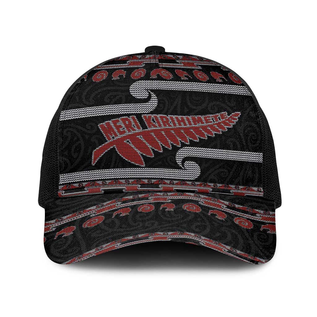 New Zealand Christmas Baseball Net Cap Meri Kirihimete Silver Fern Knit Style Red Color LT03 One Size Black Red - Polynesian Pride
