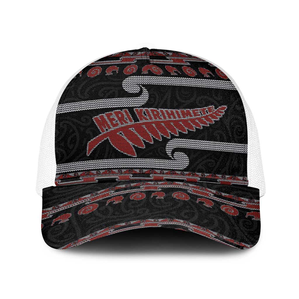 New Zealand Christmas Baseball Net Cap Meri Kirihimete Silver Fern Knit Style Red Color LT03 One Size White Red - Polynesian Pride