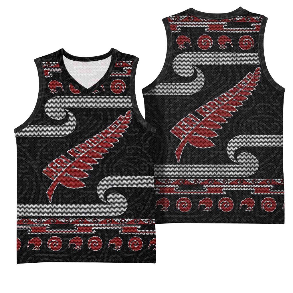 New Zealand Christmas Basketball Jersey Meri Kirihimete Silver Fern Knit Style Red Color LT03 - Polynesian Pride