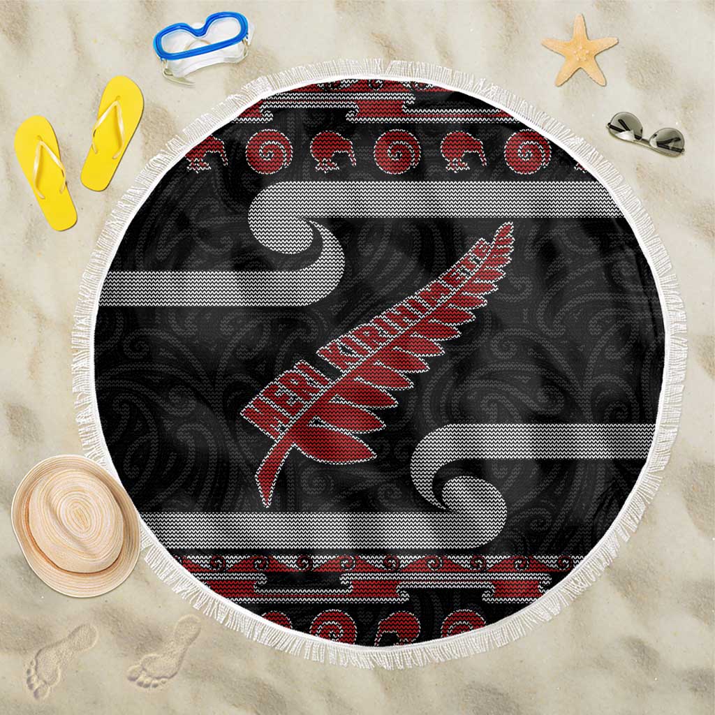New Zealand Christmas Beach Blanket Meri Kirihimete Silver Fern Knit Style Red Color LT03 One Size 150cm Red - Polynesian Pride