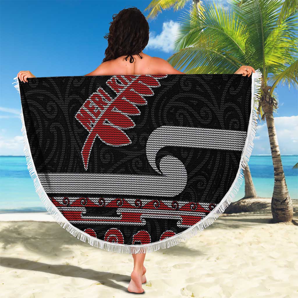 New Zealand Christmas Beach Blanket Meri Kirihimete Silver Fern Knit Style Red Color LT03 - Polynesian Pride