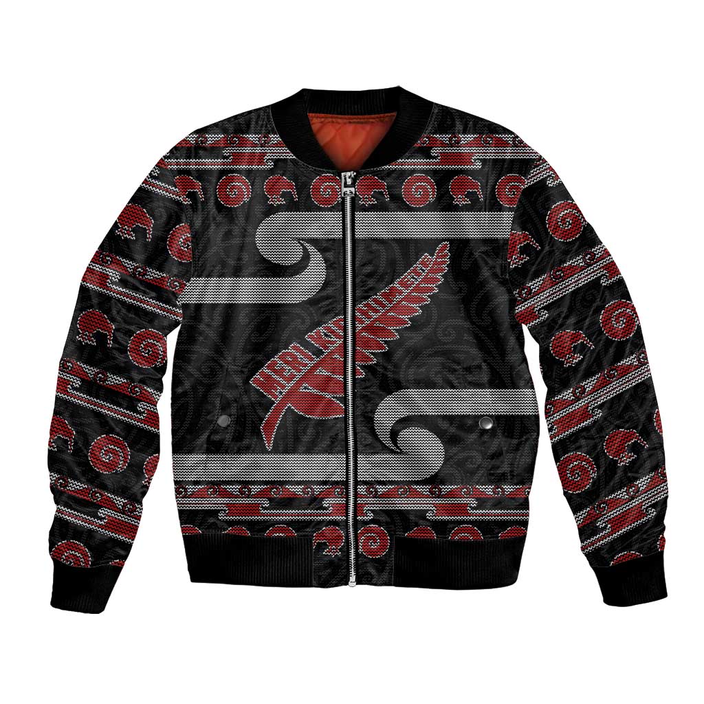 New Zealand Christmas Bomber Jacket Meri Kirihimete Silver Fern Knit Style Red Color LT03 Unisex Red - Polynesian Pride