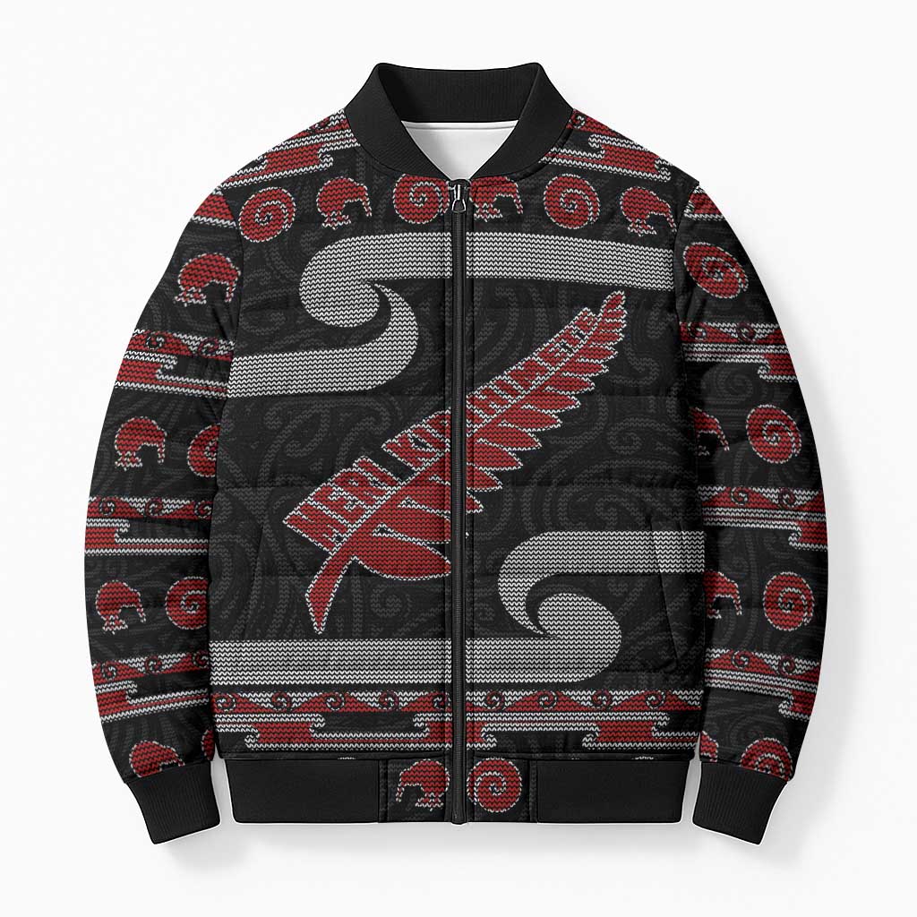 New Zealand Christmas Bomber Puffer Jacket Meri Kirihimete Silver Fern Knit Style Red Color LT03 Unisex Red - Polynesian Pride