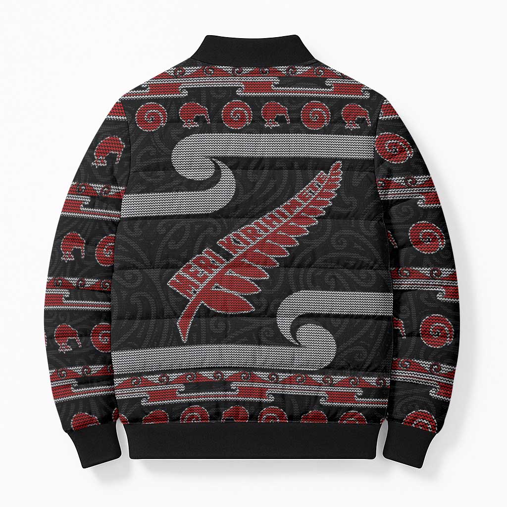 New Zealand Christmas Bomber Puffer Jacket Meri Kirihimete Silver Fern Knit Style Red Color LT03 - Polynesian Pride