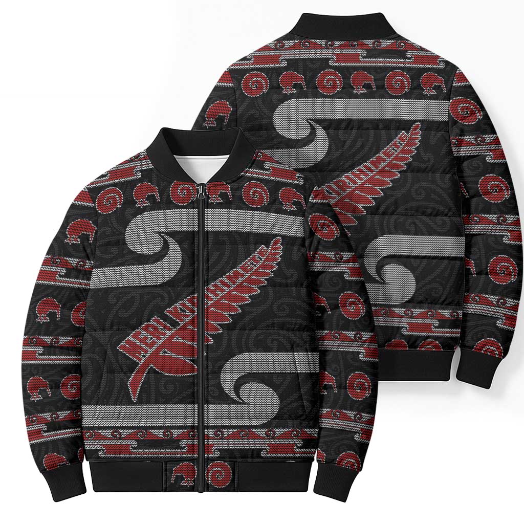 New Zealand Christmas Bomber Puffer Jacket Meri Kirihimete Silver Fern Knit Style Red Color LT03 - Polynesian Pride