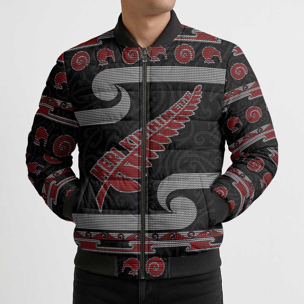 New Zealand Christmas Bomber Puffer Jacket Meri Kirihimete Silver Fern Knit Style Red Color LT03 - Polynesian Pride