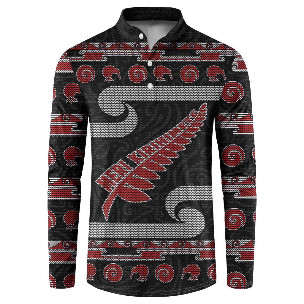 New Zealand Christmas Button Sweatshirt Meri Kirihimete Silver Fern Knit Style Red Color LT03 Red - Polynesian Pride