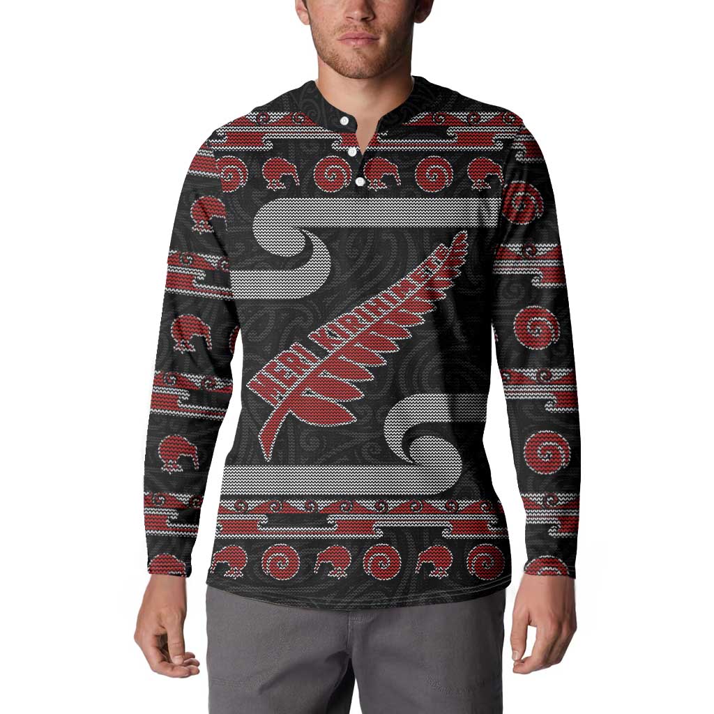 New Zealand Christmas Button Sweatshirt Meri Kirihimete Silver Fern Knit Style Red Color LT03 - Polynesian Pride
