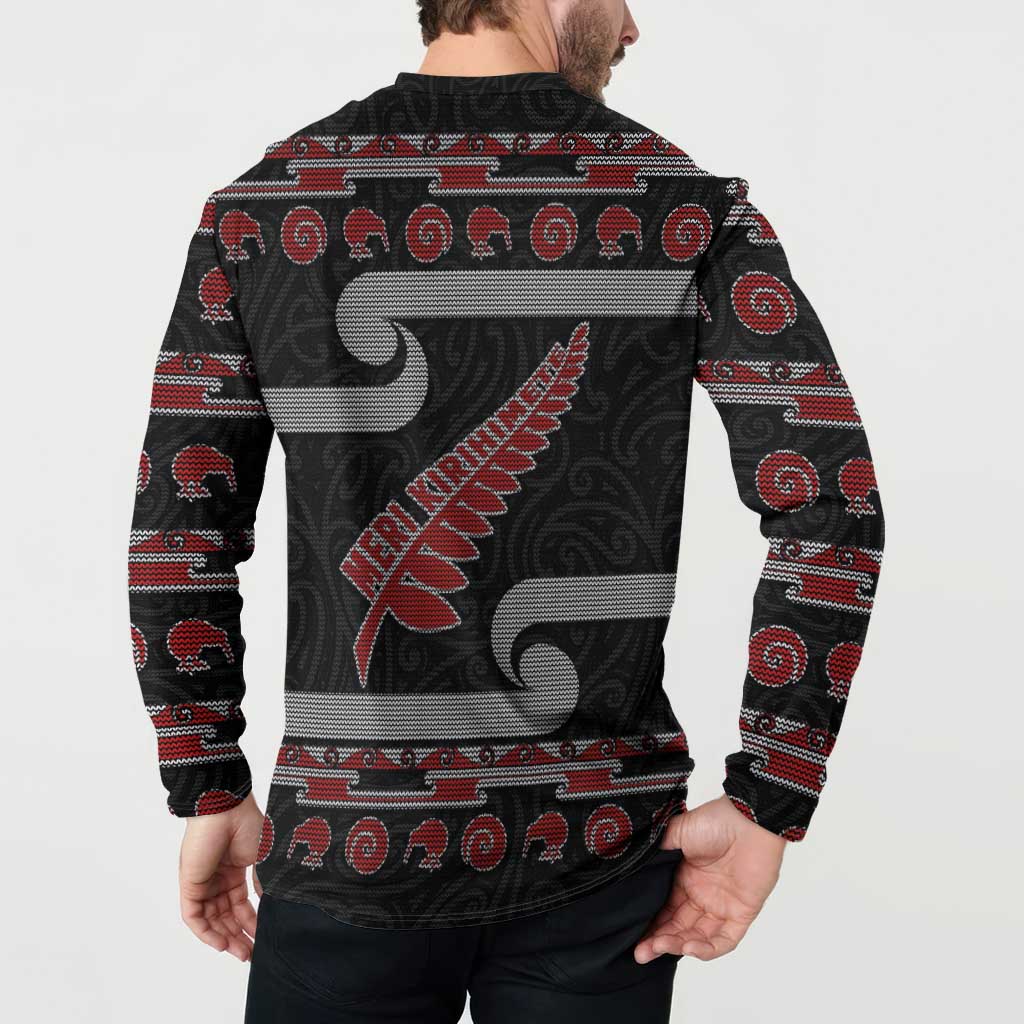 New Zealand Christmas Button Sweatshirt Meri Kirihimete Silver Fern Knit Style Red Color LT03 - Polynesian Pride