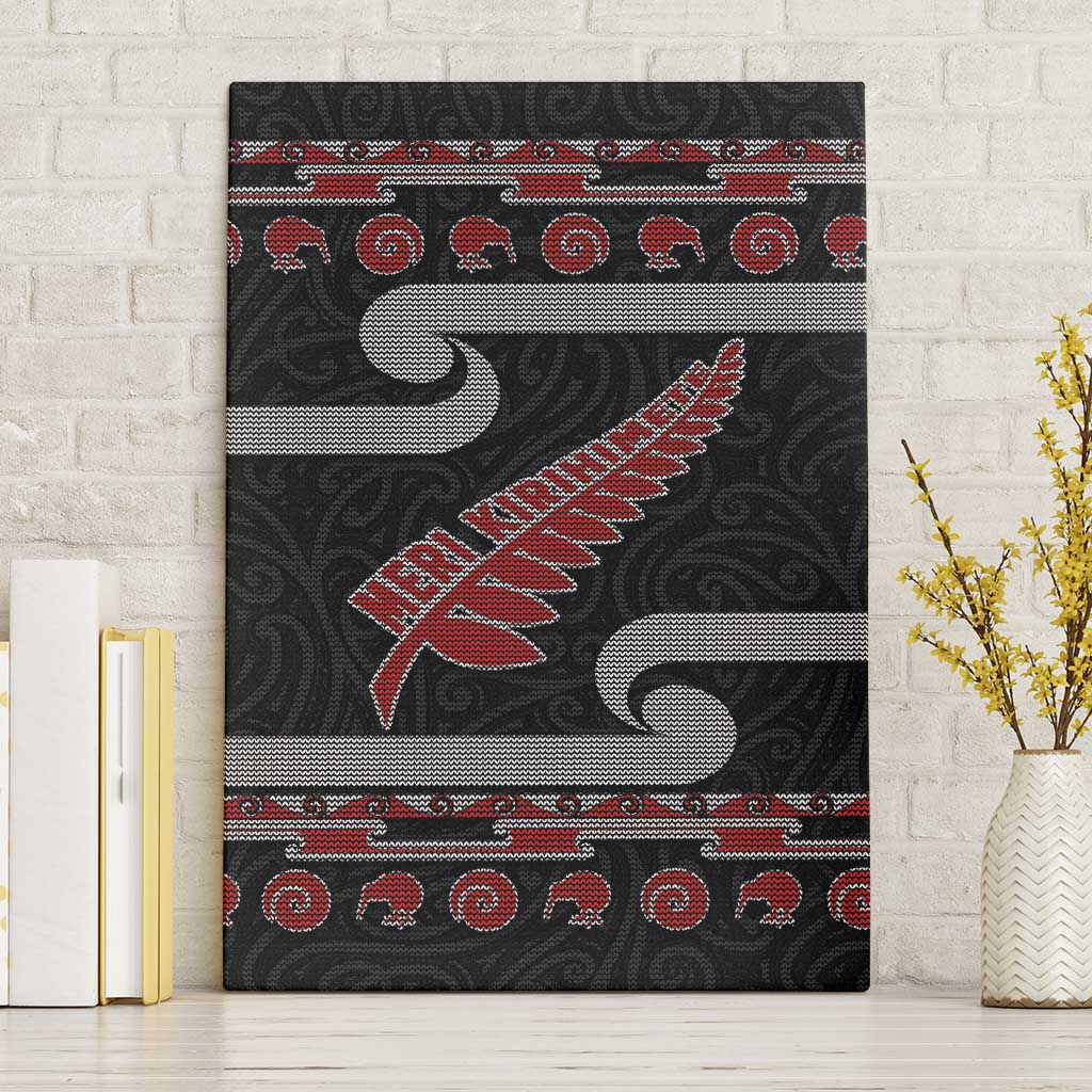 New Zealand Christmas Canvas Wall Art Meri Kirihimete Silver Fern Knit Style Red Color LT03 Without Frame Red - Polynesian Pride