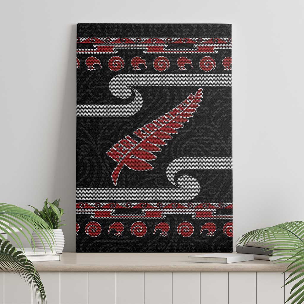 New Zealand Christmas Canvas Wall Art Meri Kirihimete Silver Fern Knit Style Red Color LT03 - Polynesian Pride