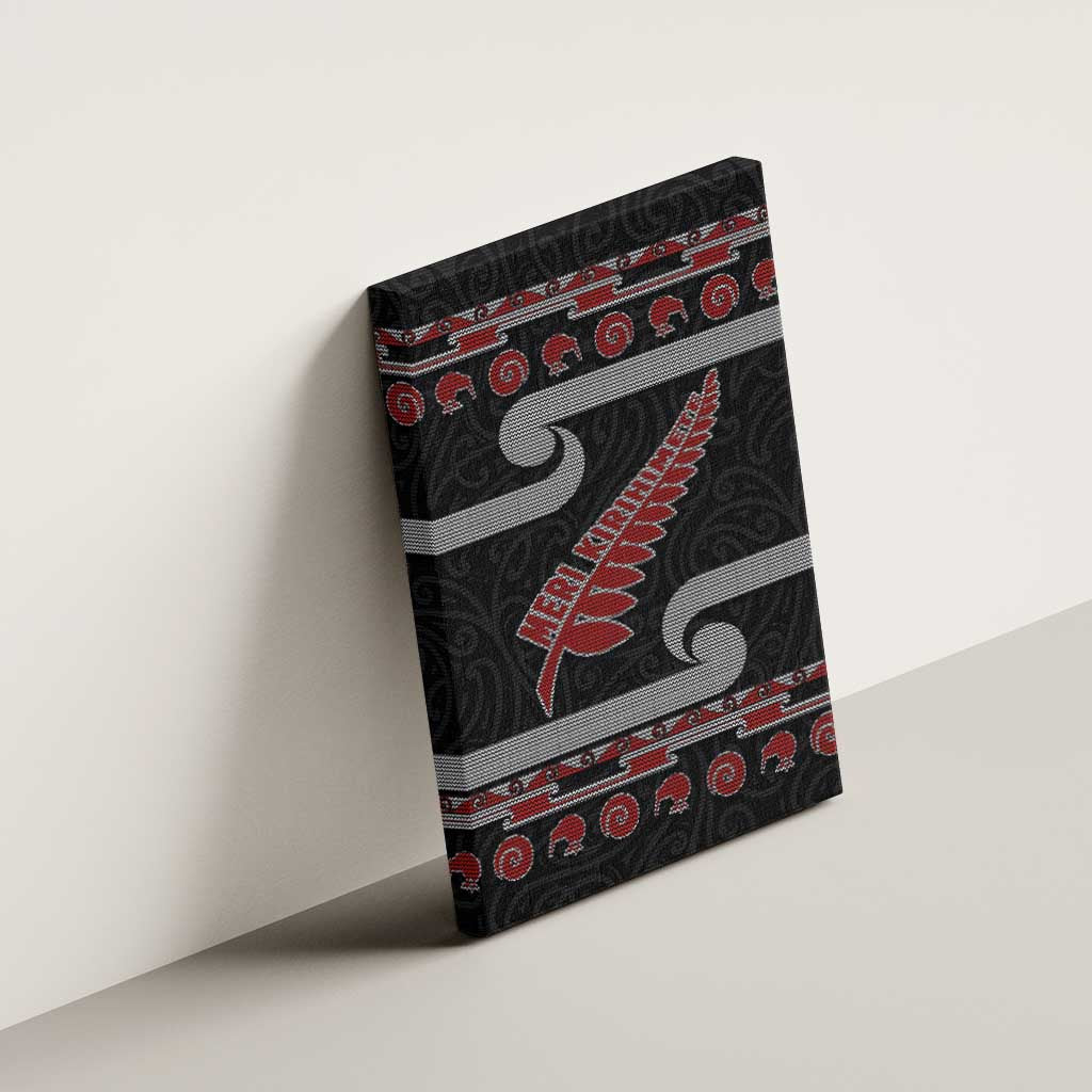 New Zealand Christmas Canvas Wall Art Meri Kirihimete Silver Fern Knit Style Red Color LT03 - Polynesian Pride