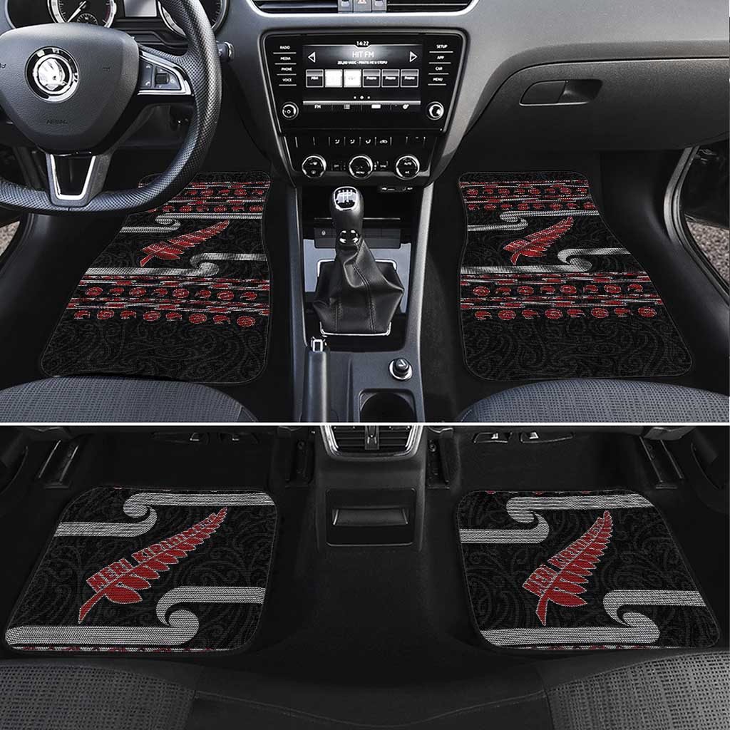 New Zealand Christmas Car Mats Meri Kirihimete Silver Fern Knit Style Red Color LT03 Set 4pcs Red - Polynesian Pride