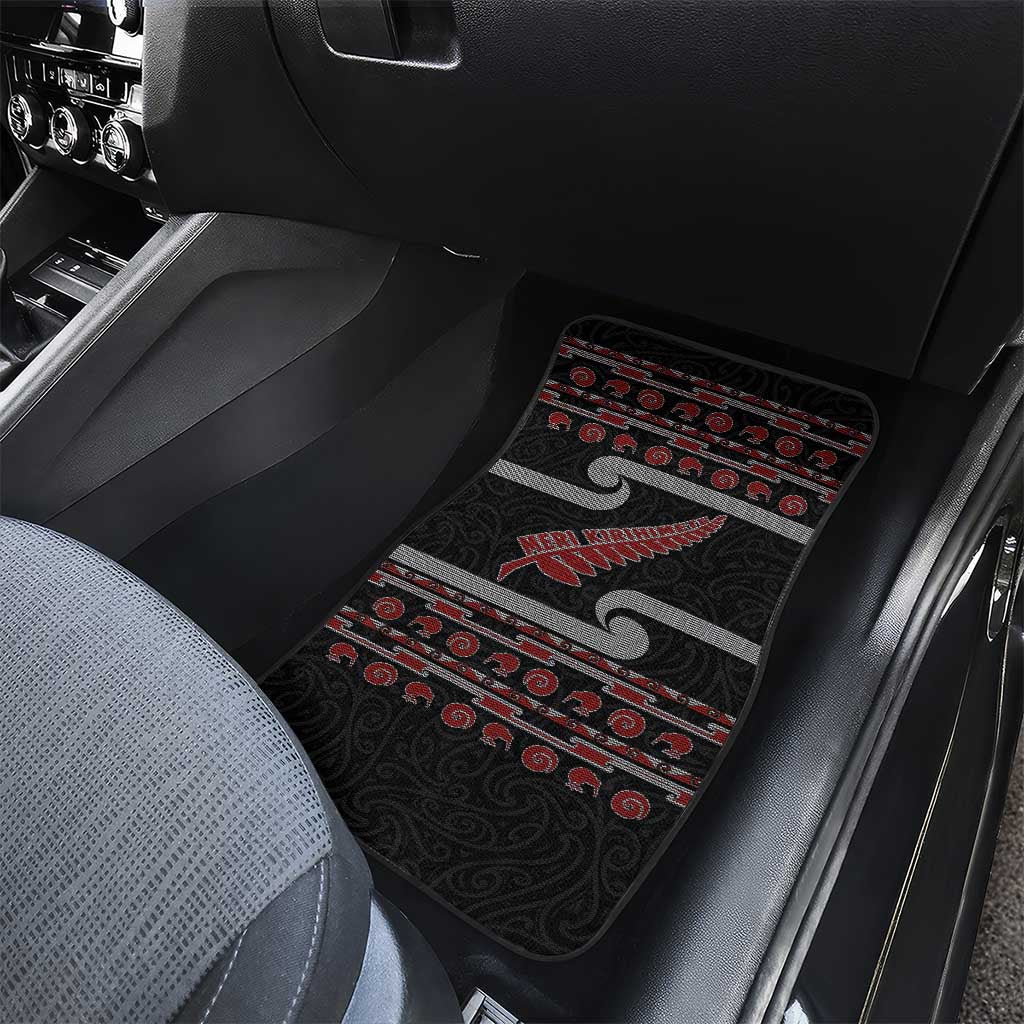 New Zealand Christmas Car Mats Meri Kirihimete Silver Fern Knit Style Red Color LT03 - Polynesian Pride