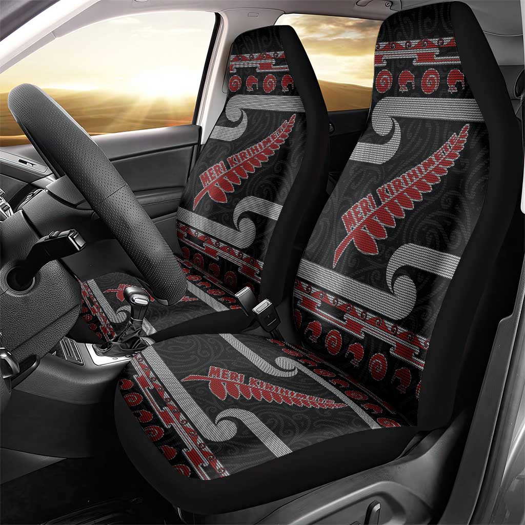 New Zealand Christmas Car Seat Cover Meri Kirihimete Silver Fern Knit Style Red Color LT03 - Polynesian Pride