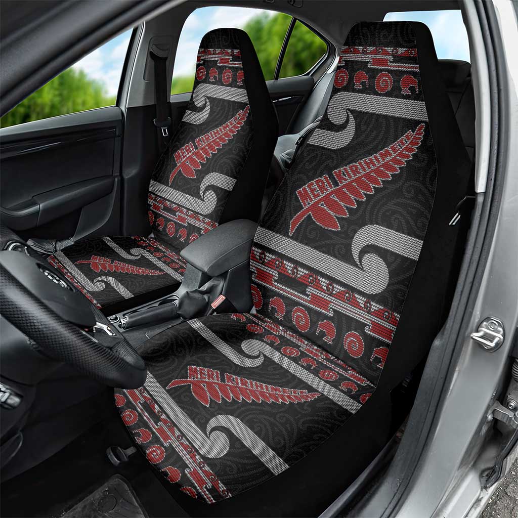 New Zealand Christmas Car Seat Cover Meri Kirihimete Silver Fern Knit Style Red Color LT03 - Polynesian Pride