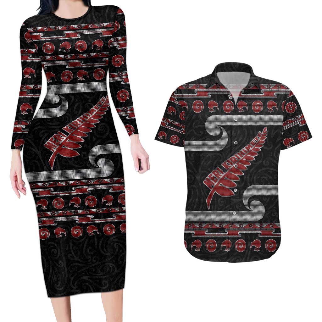 New Zealand Christmas Couples Matching Long Sleeve Bodycon Dress and Hawaiian Shirt Meri Kirihimete Silver Fern Knit Style Red Color LT03 Red - Polynesian Pride