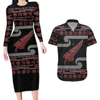 New Zealand Christmas Couples Matching Long Sleeve Bodycon Dress and Hawaiian Shirt Meri Kirihimete Silver Fern Knit Style Red Color LT03 Red - Polynesian Pride