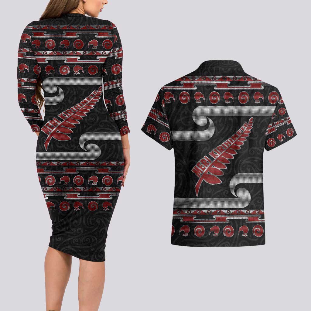 New Zealand Christmas Couples Matching Long Sleeve Bodycon Dress and Hawaiian Shirt Meri Kirihimete Silver Fern Knit Style Red Color LT03 - Polynesian Pride
