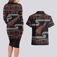 New Zealand Christmas Couples Matching Long Sleeve Bodycon Dress and Hawaiian Shirt Meri Kirihimete Silver Fern Knit Style Red Color LT03 - Polynesian Pride