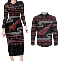 New Zealand Christmas Couples Matching Long Sleeve Bodycon Dress and Long Sleeve Button Shirt Meri Kirihimete Silver Fern Knit Style Red Color LT03 Red - Polynesian Pride