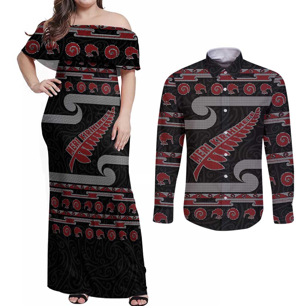 New Zealand Christmas Couples Matching Off Shoulder Maxi Dress and Long Sleeve Button Shirt Meri Kirihimete Silver Fern Knit Style Red Color LT03 Red - Polynesian Pride