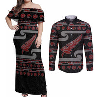 New Zealand Christmas Couples Matching Off Shoulder Maxi Dress and Long Sleeve Button Shirt Meri Kirihimete Silver Fern Knit Style Red Color LT03 Red - Polynesian Pride