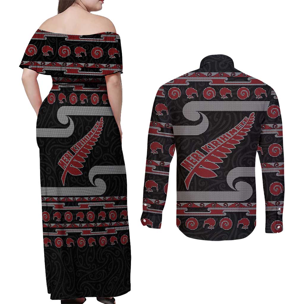 New Zealand Christmas Couples Matching Off Shoulder Maxi Dress and Long Sleeve Button Shirt Meri Kirihimete Silver Fern Knit Style Red Color LT03 - Polynesian Pride