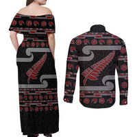 New Zealand Christmas Couples Matching Off Shoulder Maxi Dress and Long Sleeve Button Shirt Meri Kirihimete Silver Fern Knit Style Red Color LT03 - Polynesian Pride