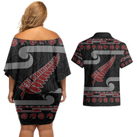 New Zealand Christmas Couples Matching Off Shoulder Short Dress and Hawaiian Shirt Meri Kirihimete Silver Fern Knit Style Red Color LT03 - Polynesian Pride