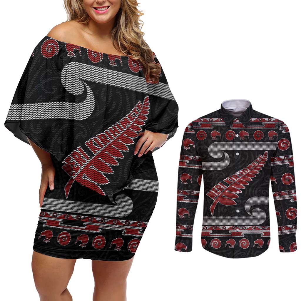 New Zealand Christmas Couples Matching Off Shoulder Short Dress and Long Sleeve Button Shirt Meri Kirihimete Silver Fern Knit Style Red Color LT03 Red - Polynesian Pride