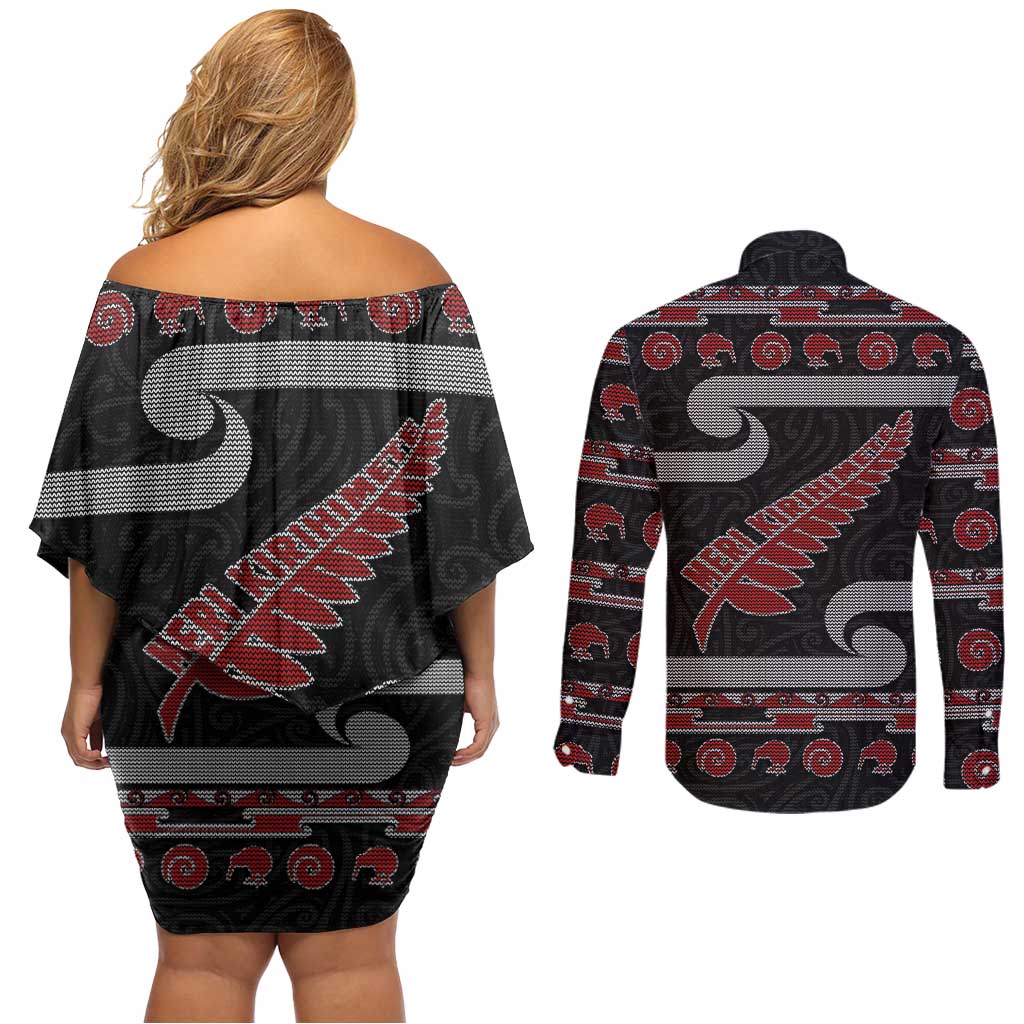 New Zealand Christmas Couples Matching Off Shoulder Short Dress and Long Sleeve Button Shirt Meri Kirihimete Silver Fern Knit Style Red Color LT03 - Polynesian Pride